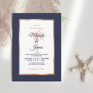 Elegant Navy Rose Gold Palm Tree Modern Wedding Invitation