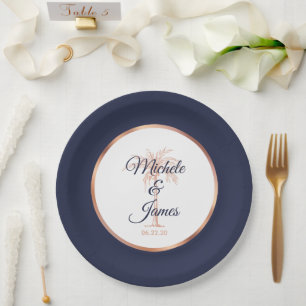 Elegant Navy Rose Gold Palm Tree Tropical Wedding Paper Plate