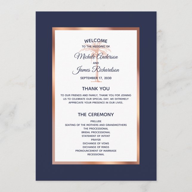 Elegant Navy Rose Gold Palm Tree Tropical Wedding Program (Front)