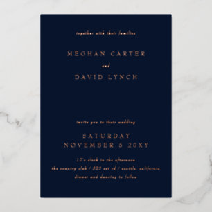 Elegant Navy Rose Gold Wedding  Foil Invitation