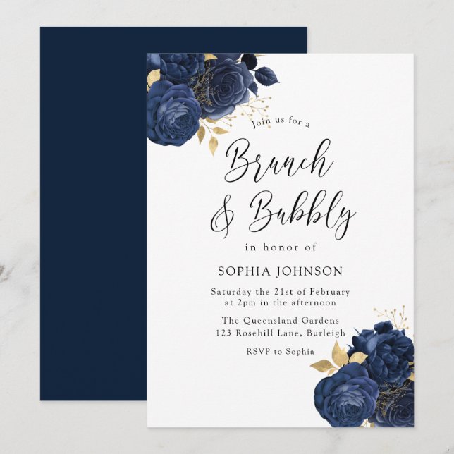 Elegant Navy Roses Brunch Bubbly Bridal Shower Invitation (Front/Back)
