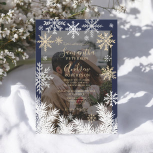 Elegant Navy Rustic Winter Snowflakes Wedding Invitation