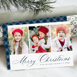 Elegant Navy Script Merry Christmas 3 Photo Holiday Card<br><div class="desc">Simple Christmas card featuring three vertical photos with "Merry Christmas" displayed in a festive navy calligraphy script. Personalize the front of the multi-photo Christmas card with your family name and the year. The card reverses to display a modern navy and white plaid pattern.</div>