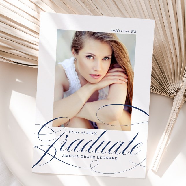 Elegant Navy Script Photo Graduation Announcement (Creator Uploaded)