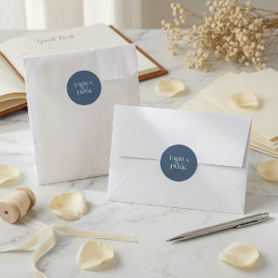 Elegant Navy Serif Ampersand Couple Names wedding Classic Round Sticker