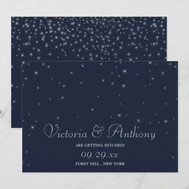 Elegant Navy & Silver Falling Stars Save The Date (Front/Back)