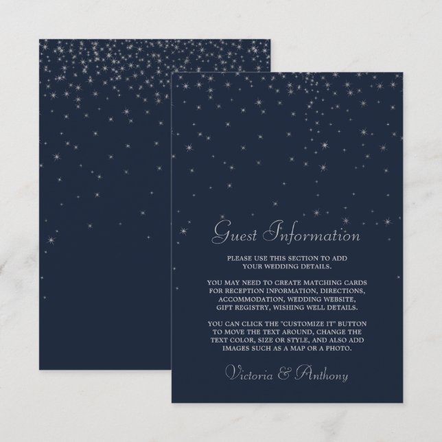 Elegant Navy & Silver Falling Stars Wedding Detail Enclosure Card (Front/Back)