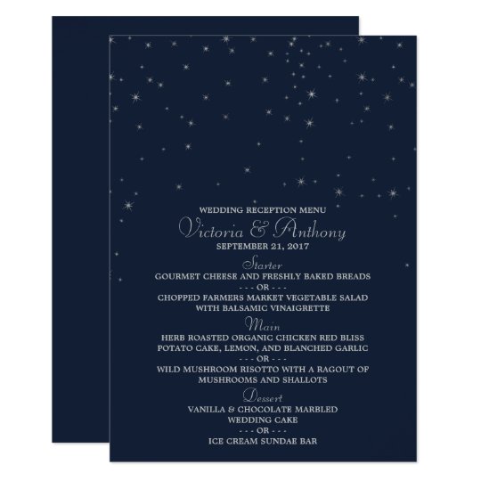 Elegant Navy & Silver Falling Stars Wedding Menu Card