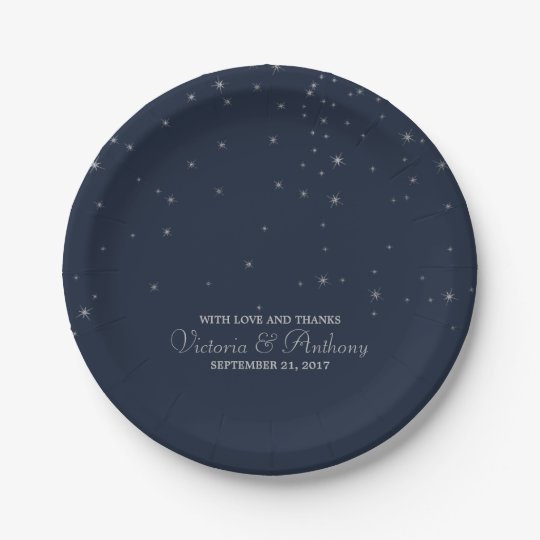 Elegant Navy & Silver Falling Stars Wedding Paper Plate