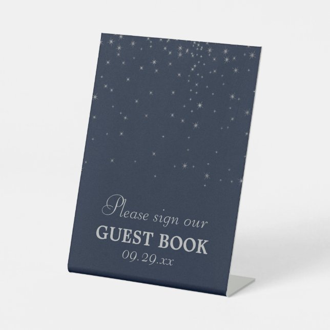 Elegant Navy & Silver Falling Stars Wedding Pedestal Sign (Front)