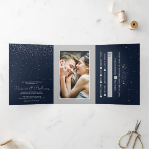 Elegant Navy & Silver Falling Stars Wedding Suite Tri-Fold Invitation