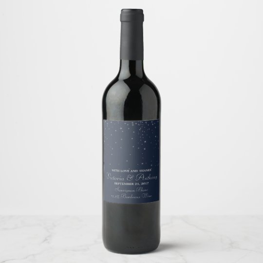 Elegant Navy & Silver Falling Stars Wedding Wine Label