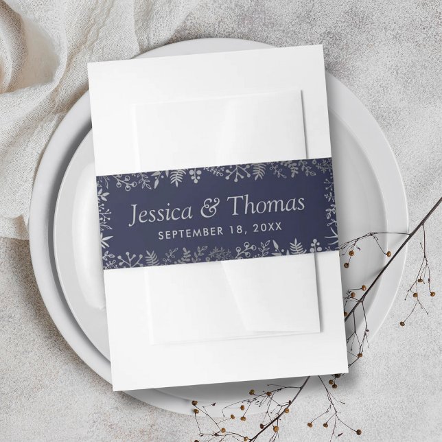Elegant Navy & Silver Floral Wedding Collection Invitation Belly Band (Creator Uploaded)