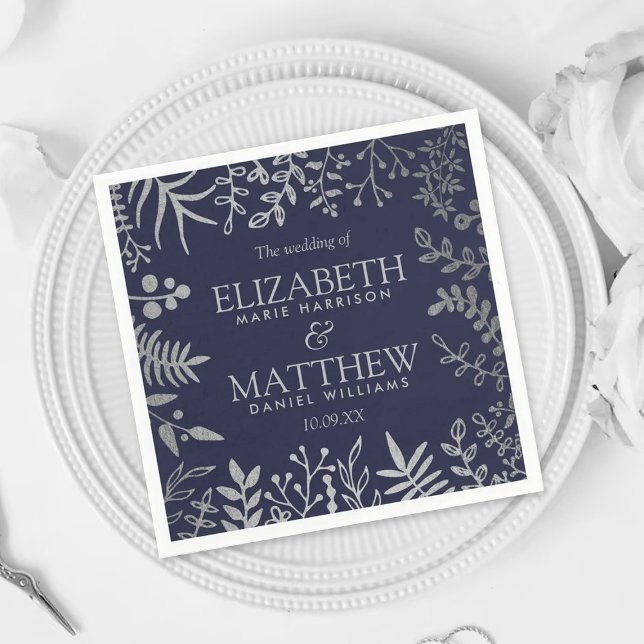Elegant Navy & Silver Floral Wedding Collection Napkin (Creator Uploaded)