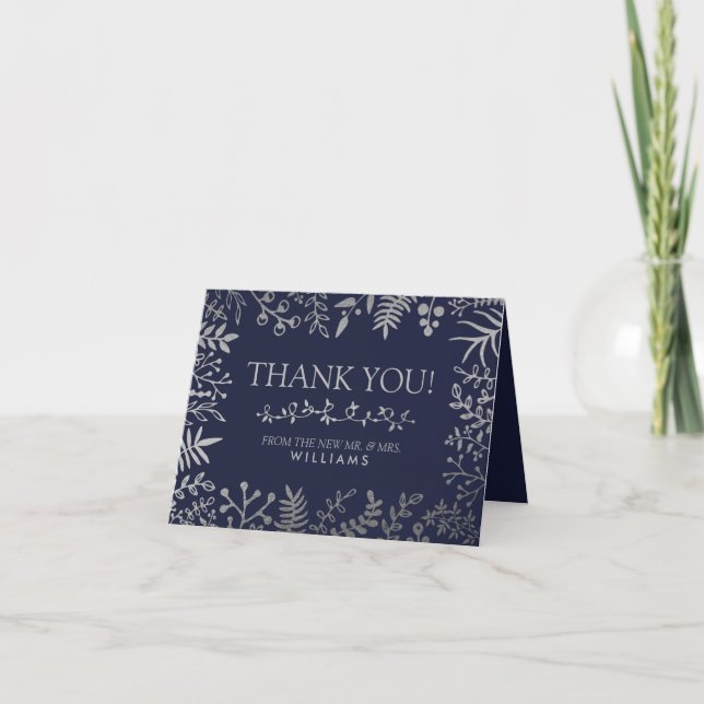 Elegant Navy & Silver Floral Wedding Collection Thank You Card (Front)