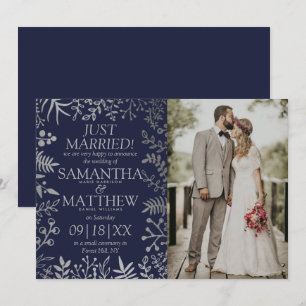 Elegant Navy & Silver Floral Wedding Photo Announcement