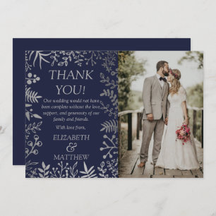 Elegant Navy & Silver Floral Wedding Photo Thank You Card