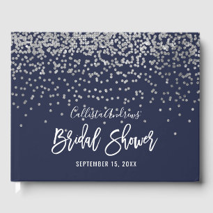 Elegant Navy Silver Glitter Confetti Bridal Shower Guest Book