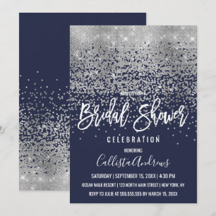 Elegant Navy Silver Glitter Confetti Bridal Shower Invitation
