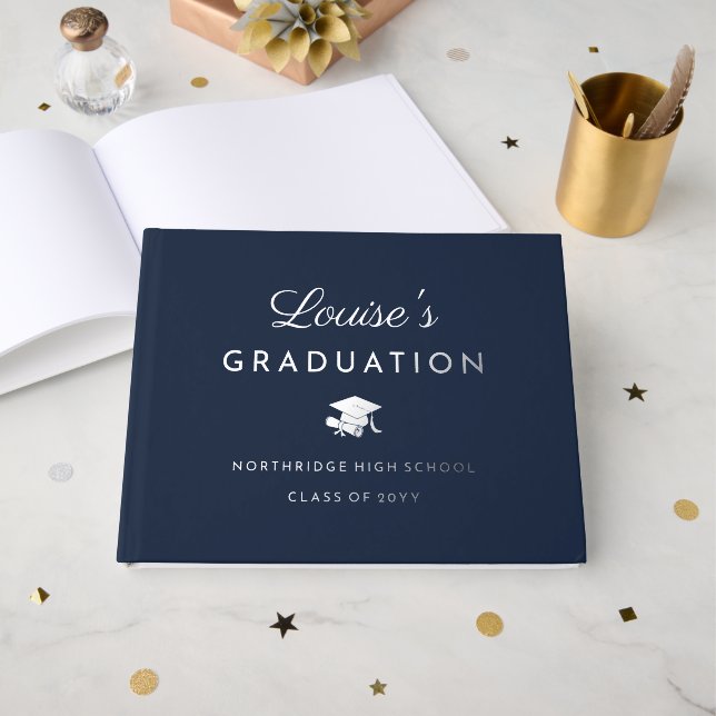 Elegant Navy Silver Graduation Guest Book (Front Open)