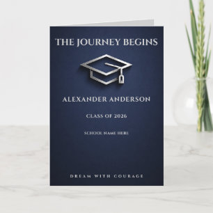 Elegant Navy & Silver Line Art Cap Graduation  Card