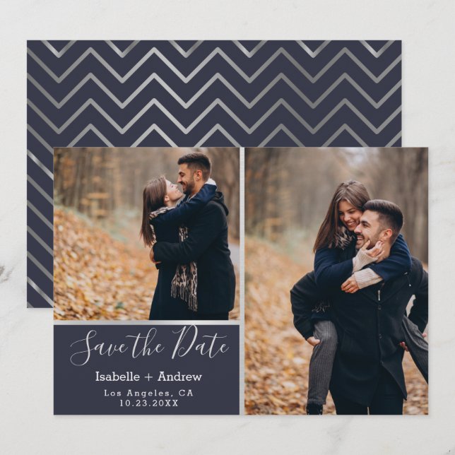 Elegant Navy Silver Photo Collage Save the Date (Front/Back)