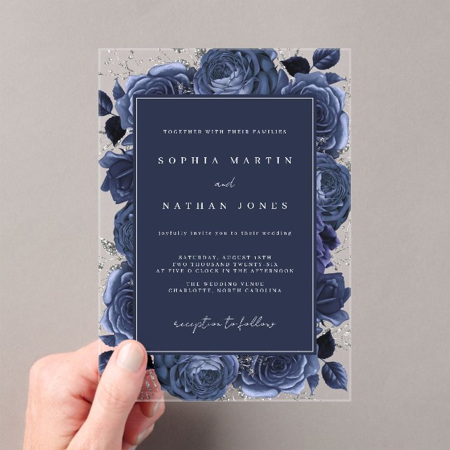 Elegant Navy Silver Rose Clear Wedding Acrylic Invitations (Insitu (Handheld))