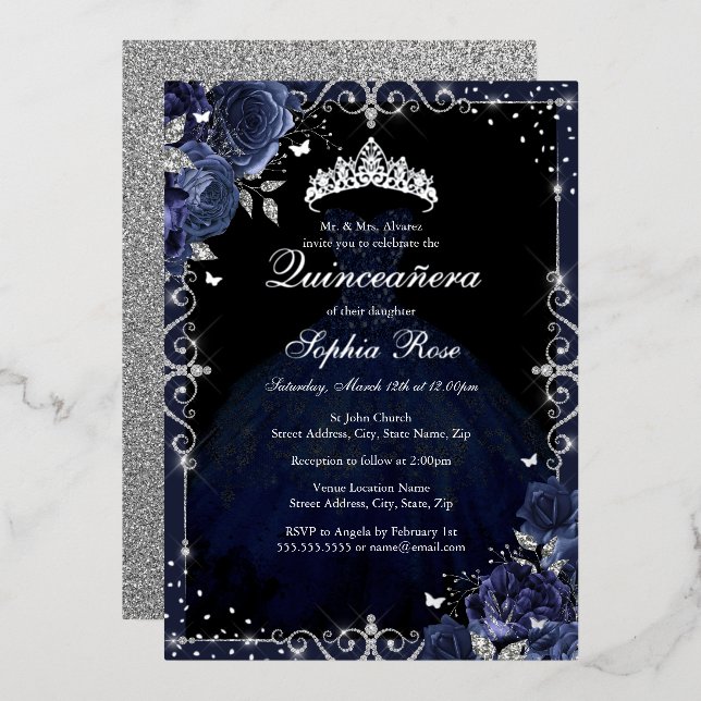 Elegant Navy Silver Rose Dress Quinceanera (Front/Back)