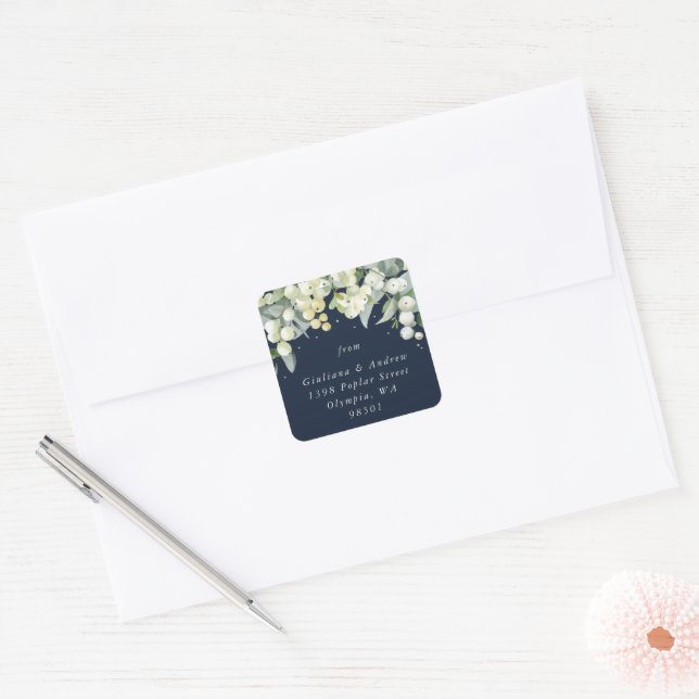 Elegant Navy Snowberry+Eucalyptus Address Classic Square Sticker (Envelope)