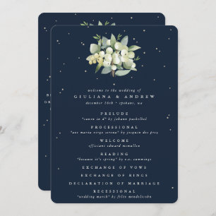 Elegant Navy Snowberry+Eucalyptus Bouquet Wedding Program