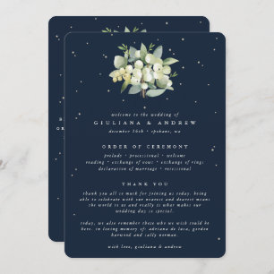 Elegant Navy Snowberry+Eucalyptus Bouquet Wedding Program