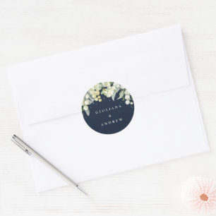 Elegant Navy Snowberry+Eucalyptus Wedding Classic Round Sticker
