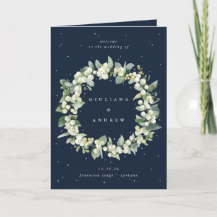Elegant Navy Snowberry+Eucalyptus Winter Wedding Program