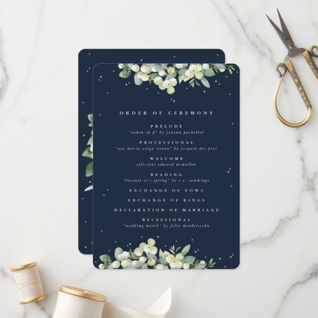 Elegant Navy Snowberry+Eucalyptus Winter Wedding Program (Front/Back In Situ)