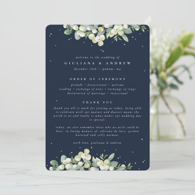 Elegant Navy Snowberry+Eucalyptus Winter Wedding Program (Standing Front)
