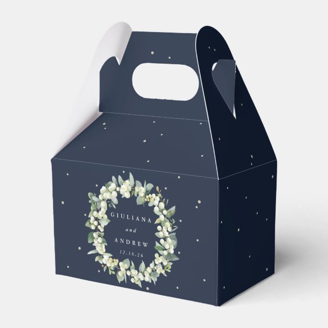 Elegant Navy Snowberry+Eucalyptus Wreath Wedding Favor Box (Front Side)