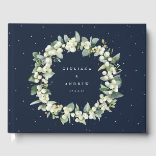 Elegant Navy Snowberry+Eucalyptus Wreath Wedding Guest Book