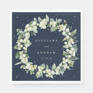 Elegant Navy Snowberry+Eucalyptus Wreath Wedding Napkin