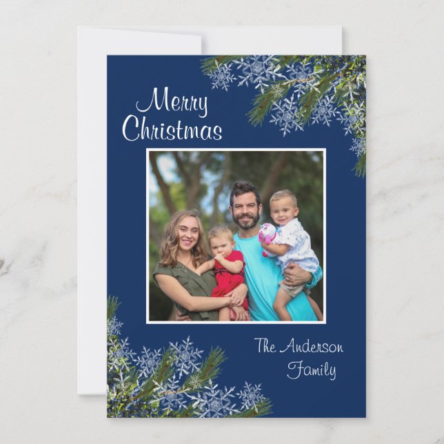 Elegant Navy Snowflake and Pine Flat Holiday Card (Front)