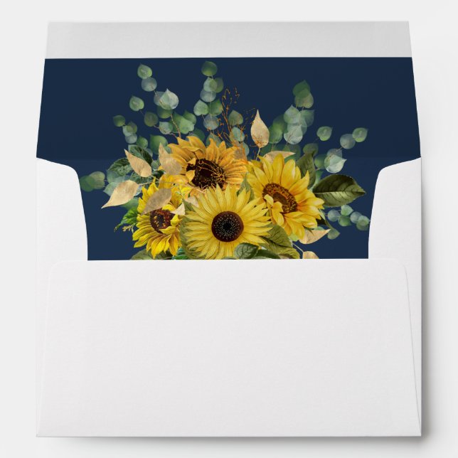 Elegant Navy Sunflower Return Address Wedding Envelope (Back (Bottom))