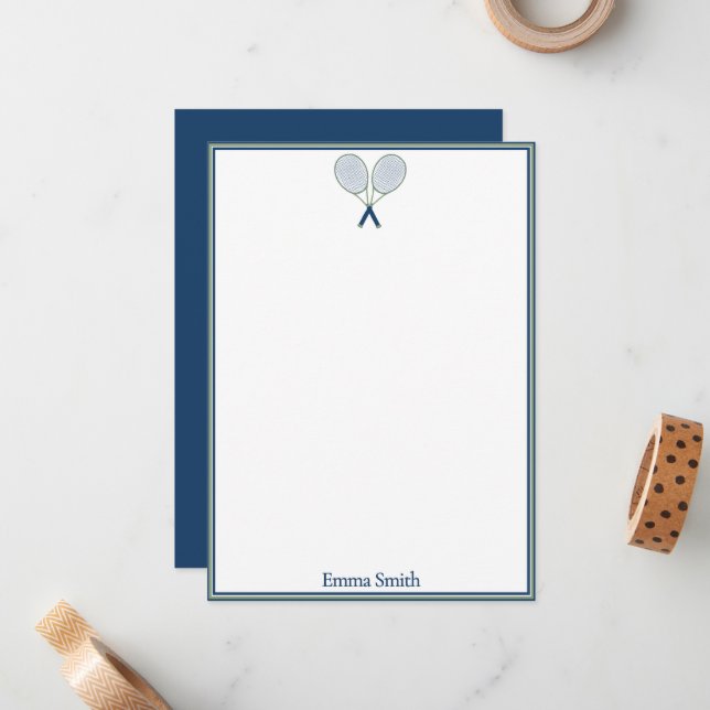 Elegant Navy Tennis Monogram Flat Note Card (Front/Back In Situ)