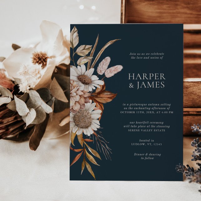 Elegant Navy Terracotta Floral Boho Fall Wedding Invitation (Creator Uploaded)