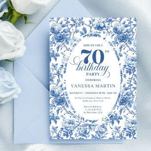 Elegant navy toile roses seventieth birthday party invitation