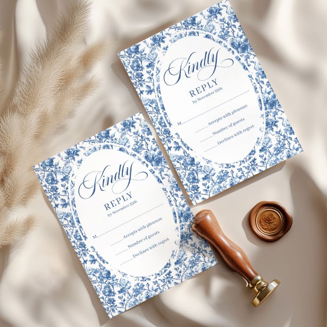 Elegant Navy Toile Roses Wedding RSVP Card  (French toile de jouy roses,
Luxurious navy roses wedding rsvp,
dusty Blue flowers botanical garden,
)
