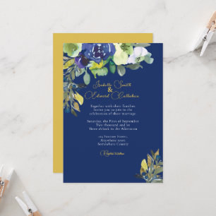 Elegant Navy Watercolor Floral Dark Blue Wedding Invitation