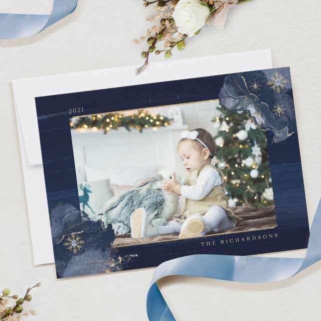 Elegant Navy Watercolor Ink & Golden Jewel Photo Holiday Card (Creator Uploaded)
