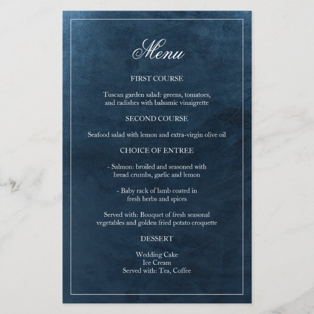 Elegant Navy Watercolor Monogram Wedding Menu (Front)