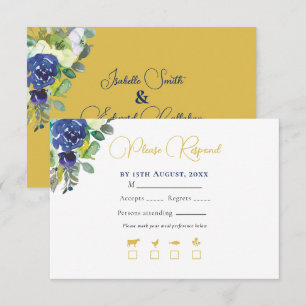 Elegant Navy Watercolor Roses Yellow Gold Wedding RSVP Card