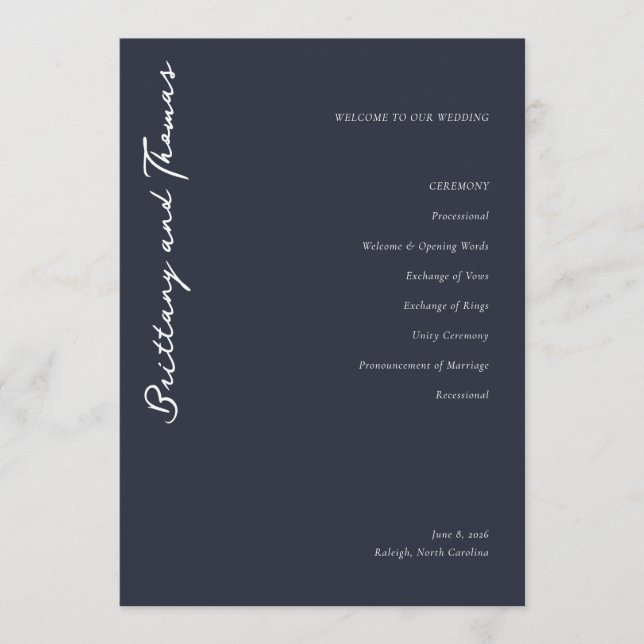 Elegant Navy Wedding Ceremony Program (Front)