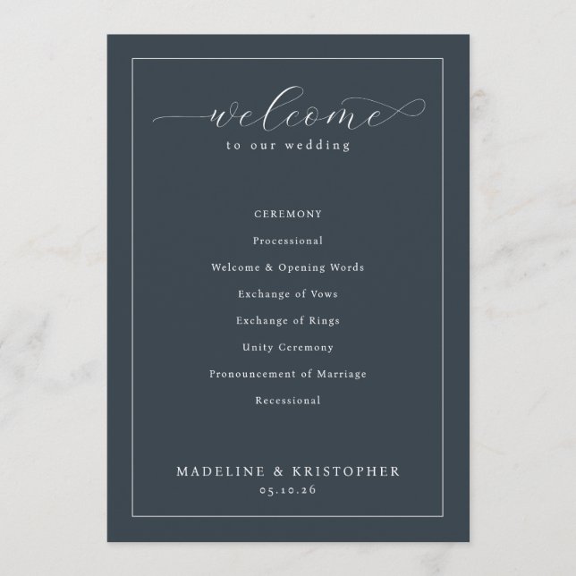 Elegant Navy Wedding Ceremony Schedule Program (Front)